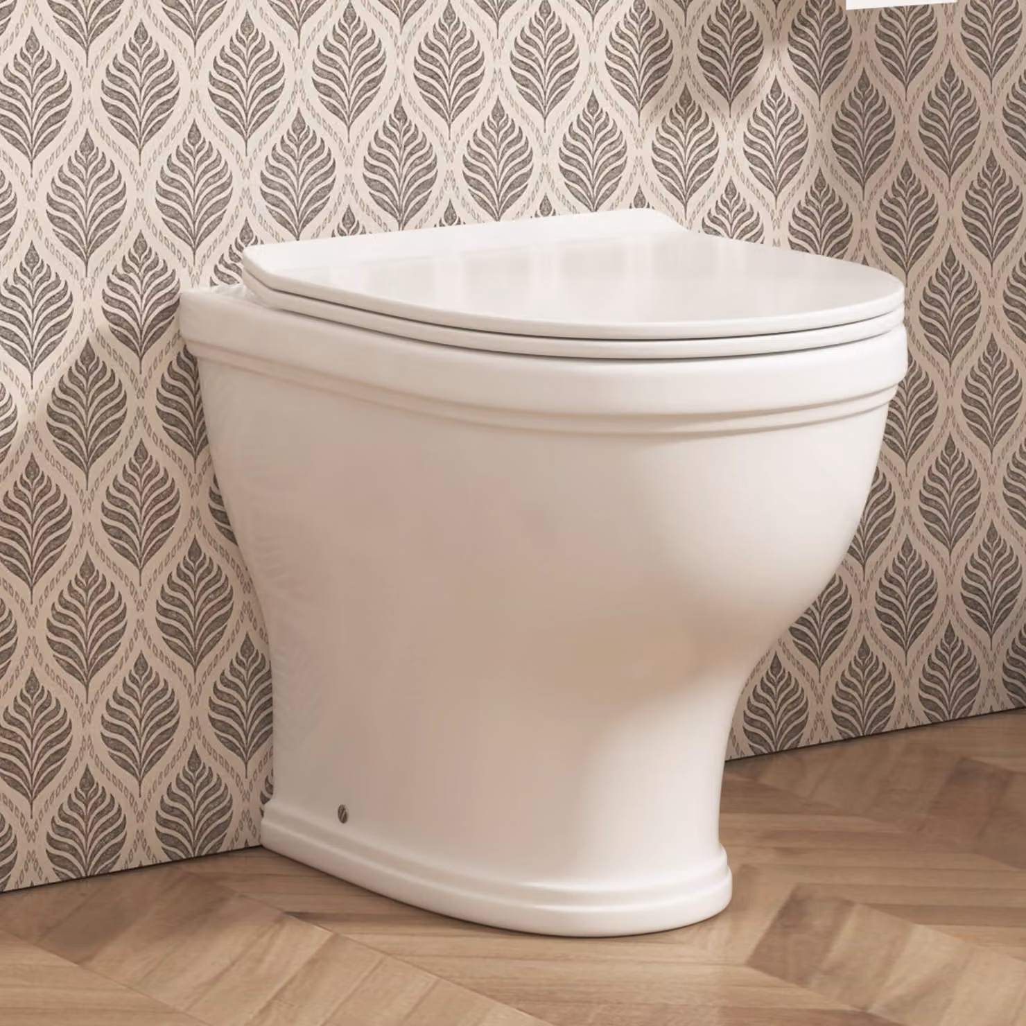 Royal Bathrooms Venice Short Projection Back To Wall Rimless Round Toilet Pan with Slim Soft Close Seat, White