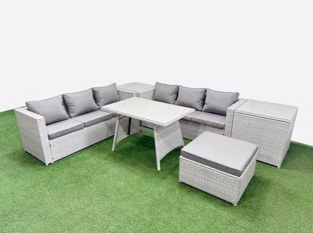 Fimous 7-Seater Patio Set with Rectangular Table, 3-Seater Sofa and 2 Side Tables in Light Grey