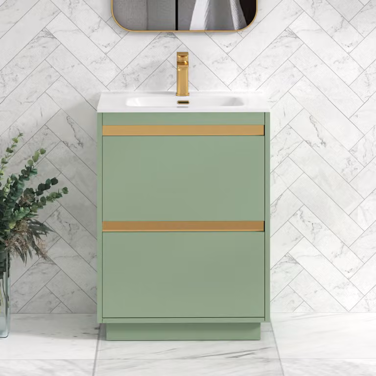 Royal Bathrooms Orion 600mm Mint Sage 2 Drawer Floor Standing Vanity Unit with Ceramic Basin and Brushed Brass Accent Trim