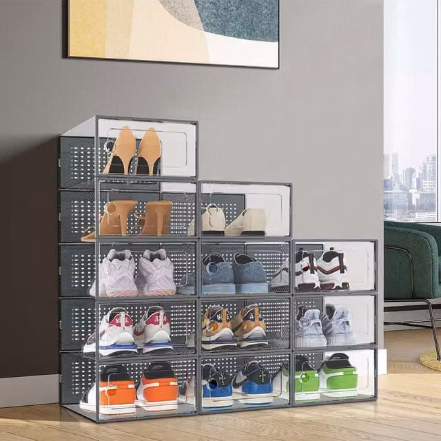 Livingandhome 12-Piece Stackable Transparent Shoe Organiser Boxes in Grey