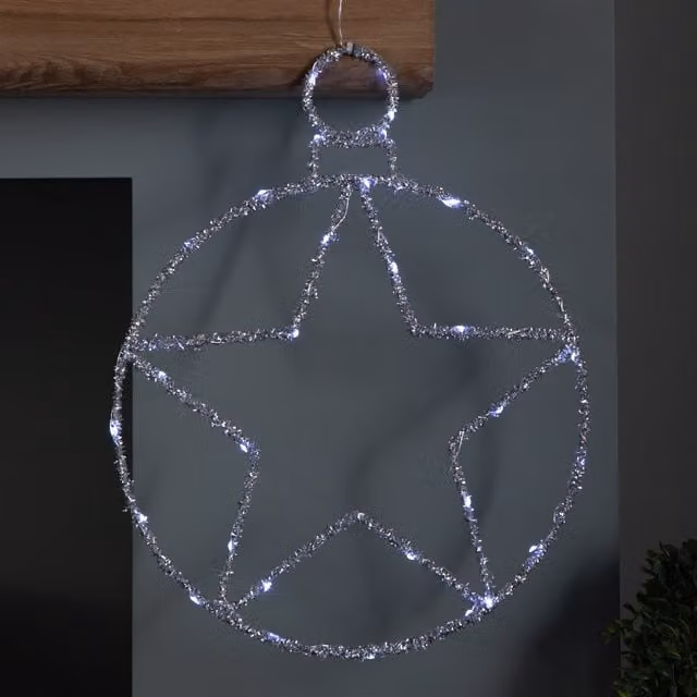 Samuel ALEXANDER Silver Star Ball Christmas Hanging Decoration with Twinkling White LEDs, Diameter: 49 cm – 1