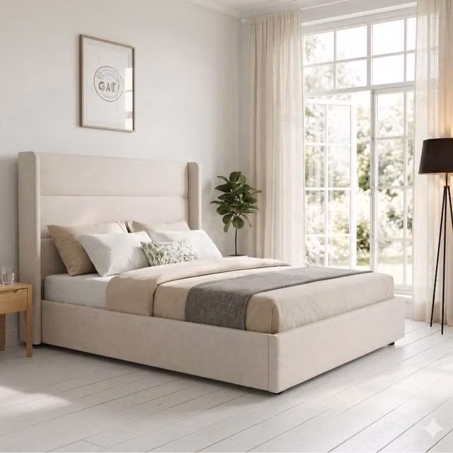 OAT Home Wilmslow Winged Headboard Fabric Upholstered Ottoman Storage Bed Frame in Natural, Size: Double (140 x 200 cm) – 1
