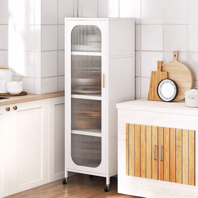 Costway 5-Tier Metal Tall Kitchen Pantry Cabinet with Glass Doors in White