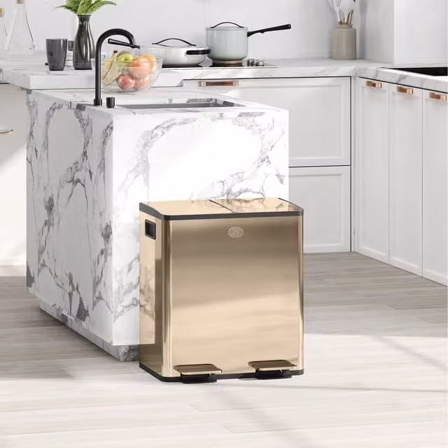 HOMCOM 20L Dual Kitchen Pedal Bin with Removable Inner Buckets and Soft Close Lid, Gold Stainless Steel