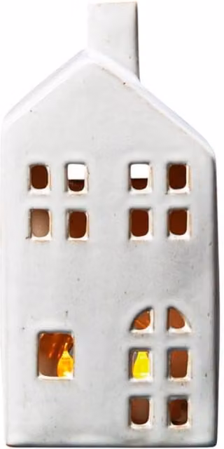 Four Candle White Ceramic Rustic House Tealight Holder with Reactive Glaze, W/D/H: 10.3 x 6.9 x 20.8 cm