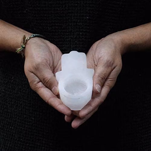 Ancient Wisdom White Selenite Hamsa Stone Tabletop Candle Holder – 3