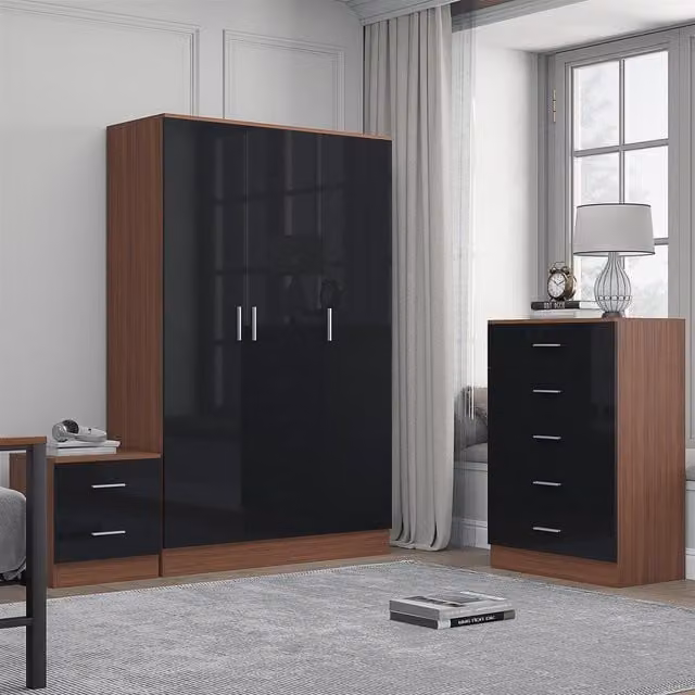 REFLECT Bedroom Furniture Bundle including 3-Door Plain Wardrobe, Chest of Drawers and Bedside Table in Black Gloss and Matt Walnut