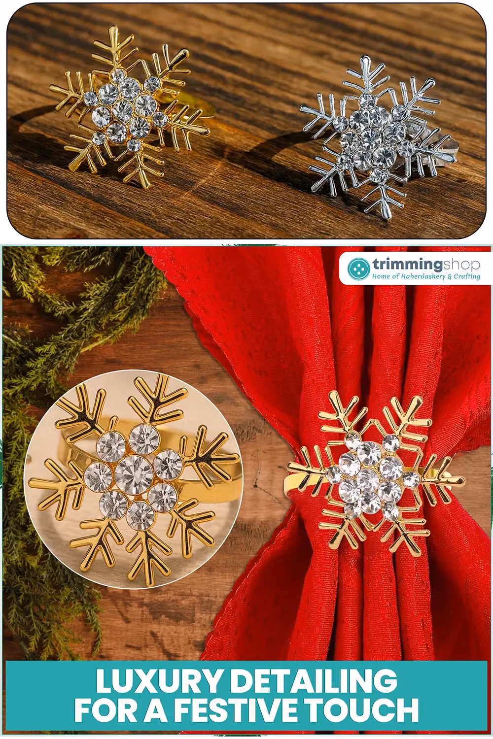 Neel Blue Gold Snowflakes Napkin Rings with Diamante Rhinestones, 6-Piece Set – 3