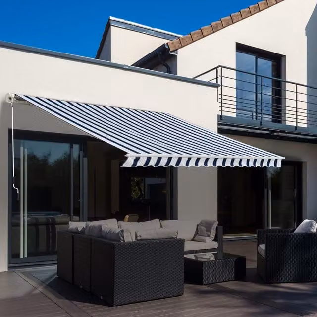 Outsunny Manual Wall-Mounted Patio Awning Canopy with Folding Arms in Blue and White Striped Polyester and Aluminium