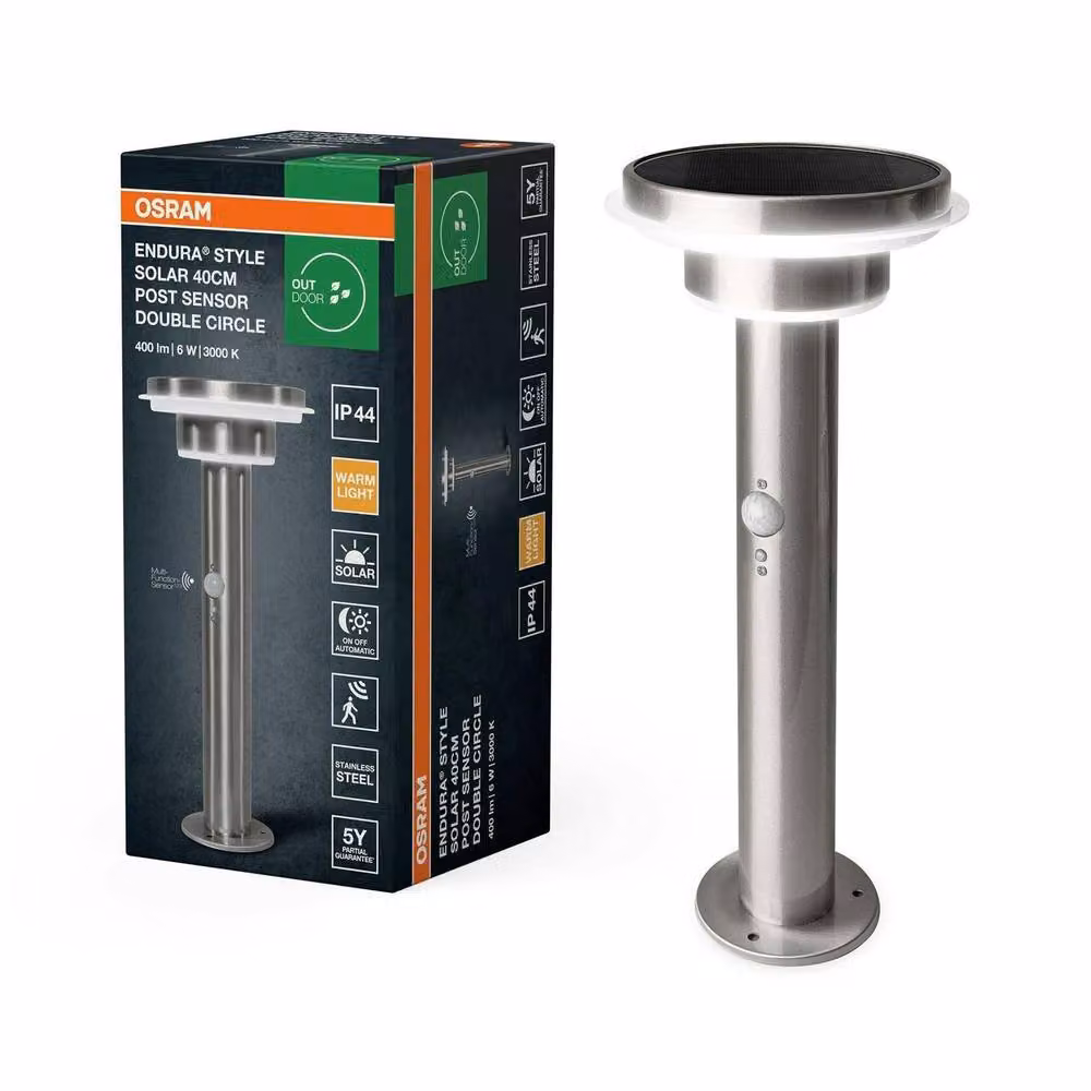 Osram Endura Style Solar LED Post Outdoor Light, Metallic Silver Stainless Steel, 400lm, IP44, Height: 40 cm – 3