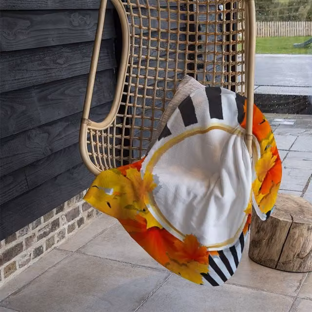 Benjamin Tate Design Orange and Red Autumn Leaves on Black Stripes Fleece Blanket, W/D/H: 120 x 150 cm