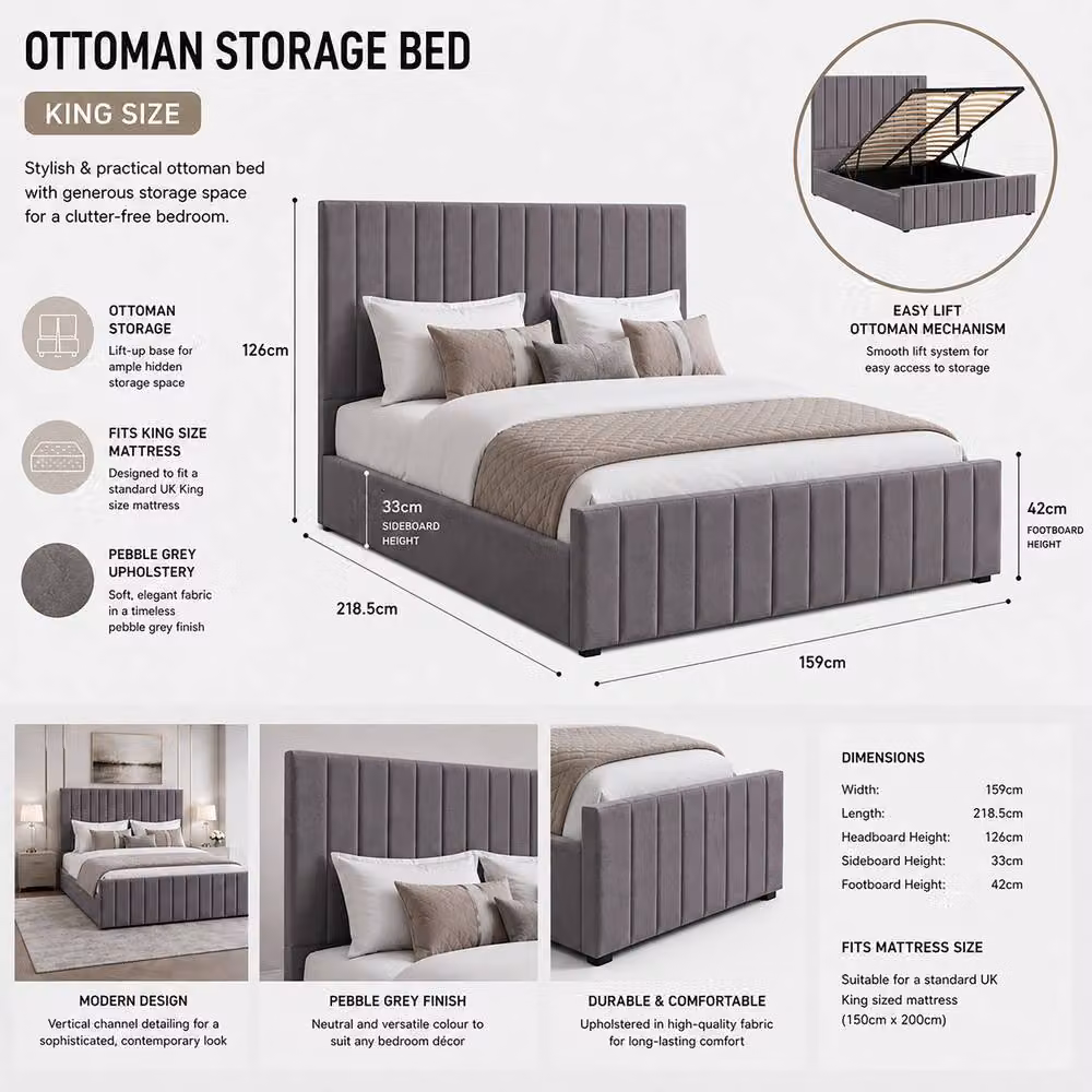 Harmin Luxury King Ottoman Storage Bed Frame in Dark Grey Fabric, W/D/H: 150 x 200 x 126 cm – 2