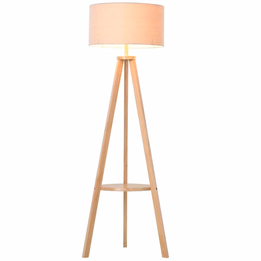 Wyld Haus Laravi Natural Wood Tripod Floor Lamp with Beige Fabric Shade and Shelf, Height: 154 cm – 2