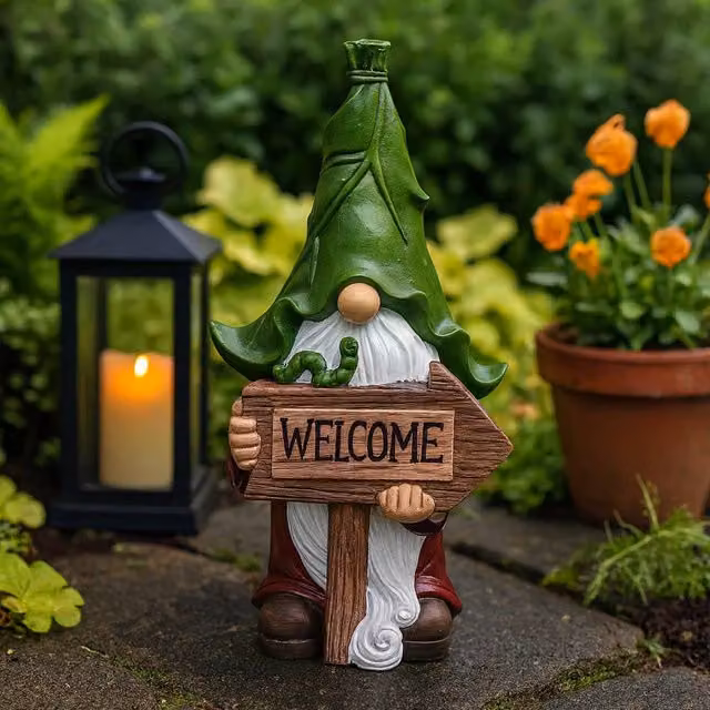Voltico Welcome Gnome Garden Ornament Decorative Statue, Green, Height: 31 cm