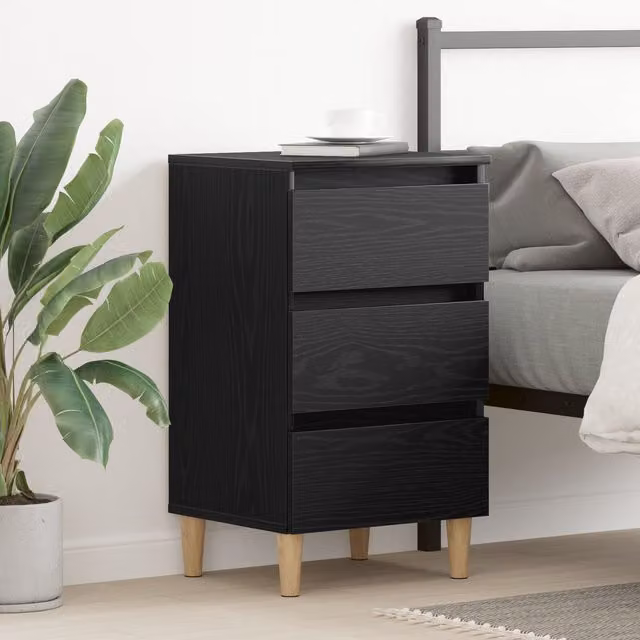 Berkfield Home Black Oak Bedside Cabinet with Wooden Legs, W/D/H: 40 x 35 x 69 cm