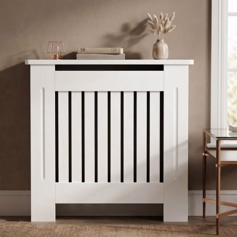 DHS Chelsea White Radiator Cover with Vertical Wooden Slats, Small