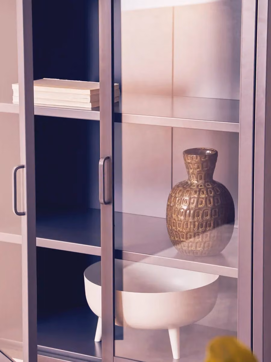 Orsina Industrial Two Door Metal Cabinet with Glass Doors in White and Grey, W/D/H: 150 x 35 x 75 cm
