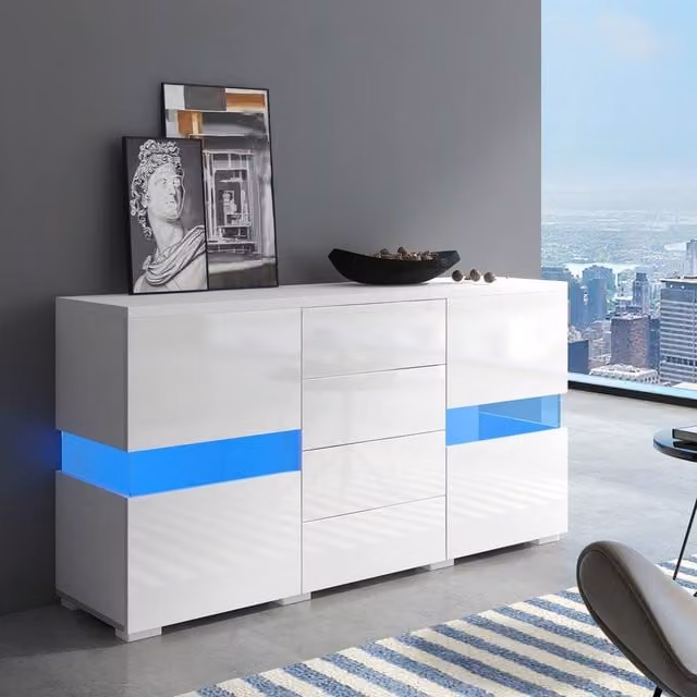 ModernLuxe White Glossy Wood Sideboard Cabinet with Integrated LED Lights, Drawers and Doors, W/D/H: 140 x 35 x 72 cm – 1