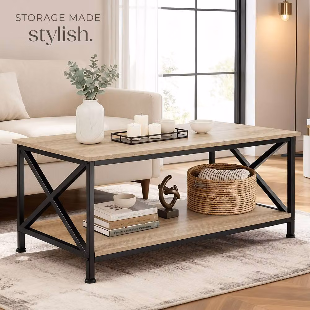 tectake Pittsburgh Rectangular Coffee Table with Storage Shelf in Light Oak and Grey – 7