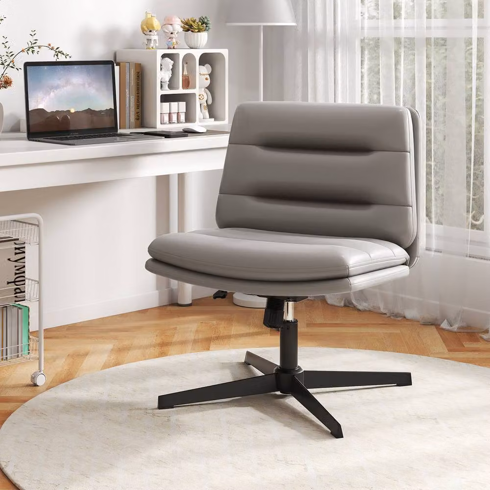 Gymax Height Adjustable Mid-Back Cross Legged Makeup Vanity Chair in Grey PU Leather – 8