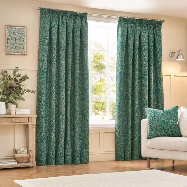 Grantley Emerald Green Floral Jacquard Pencil Pleat Curtains W: 137 cm, H: 229 cm