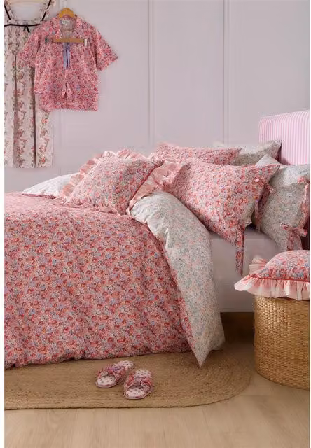 Cath Kidston Reversible Floral Cotton Percale Duvet Cover and Pillowcase Set, Pink and Red, W: 180 cm, H: 200 cm