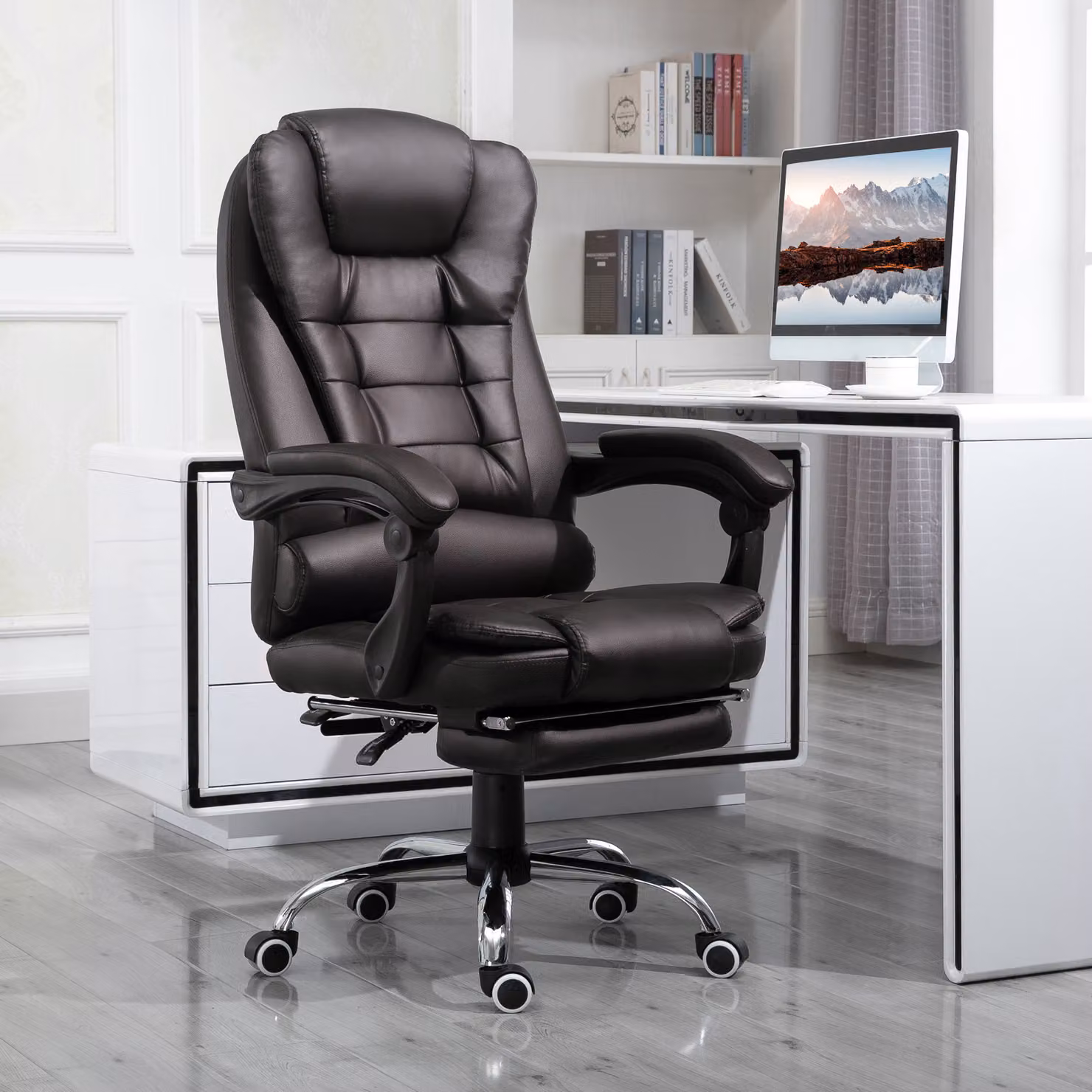 HOMCOM Brown PU Leather Executive Office Chair with High Back, Retractable Footrest and Reclining Function – 2