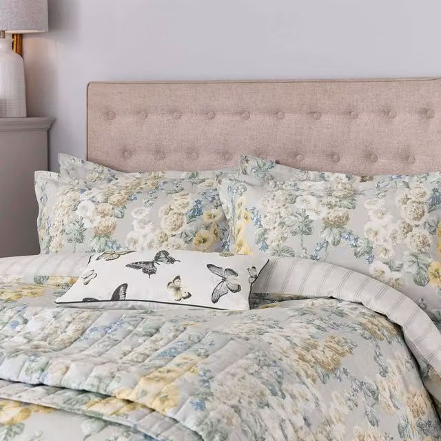 Sanderson Hollyhocks Kingsize Cotton Duvet Cover and Pillowcase Set, Silver, W: 180 x L: 200 cm