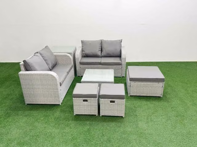 Fimous 7 Seater Rattan Garden Furniture Set in Light Grey with L-Shape Sofa, Square Coffee Table and 3 Ottomans