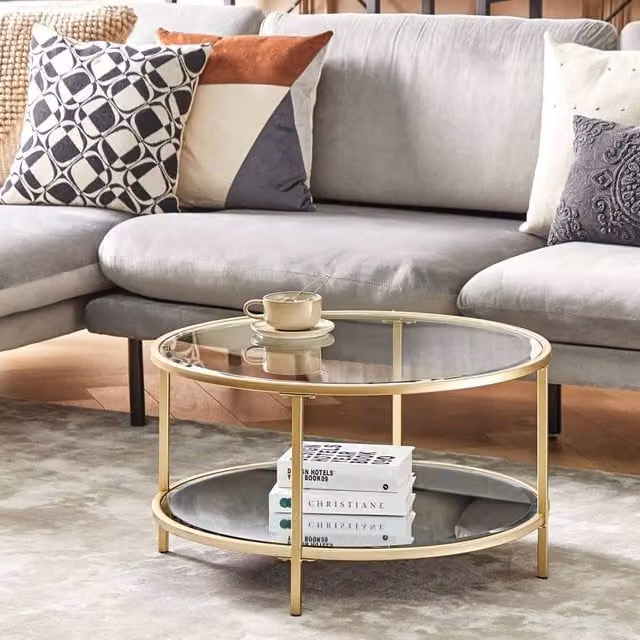 Wyld and Coco Round Gold Tempered Glass Coffee Table with Mirrored Shelf, Diameter: 70 cm, Height: 40 cm