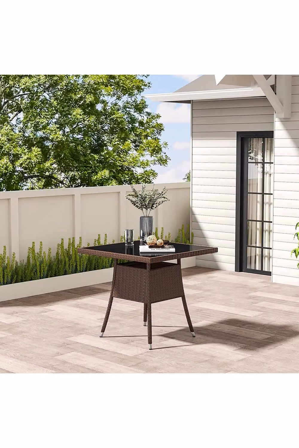 Living and Home Garden Wicker Dining Table with Tempered Glass Top and Parasol Hole in Brown – 3
