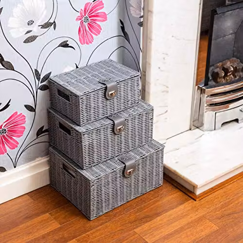 Arpan Set of 3 Resin Woven Storage Basket Boxes with Lid and Lock in Grey – 6