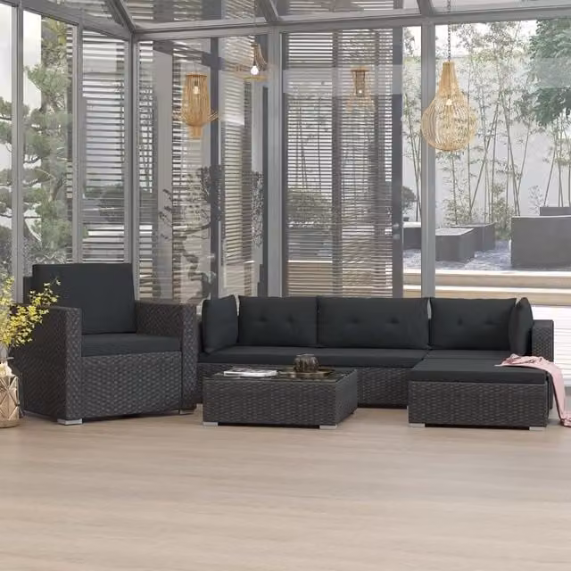 Berkfield Home 6 Piece Black Poly Rattan Garden Lounge Set with Cushions and Ottoman – 1