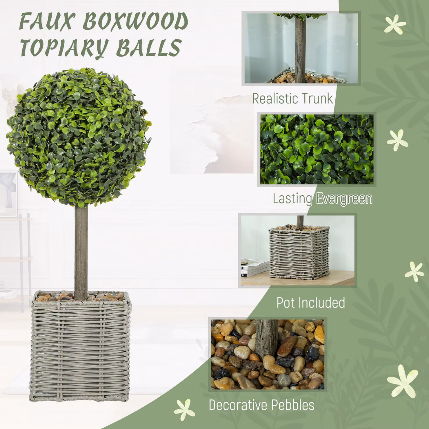 HOMCOM Set of 2 Green Artificial Boxwood Topiary Balls with Woven Pots and Pebbles, Height: 50 cm – 4