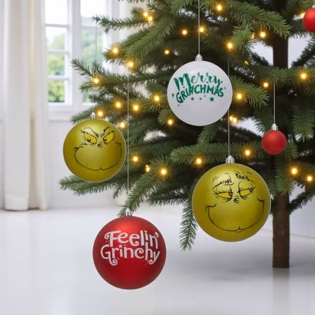 Garden Greatness Set of 4 Giant Green Hanging Grinch Christmas Baubles