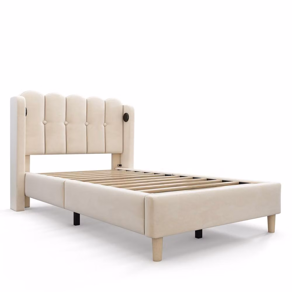 Rolipo Beige Velvet Single Bed Frame with USB Charging Port, W: 90 cm x D: 190 cm – 2