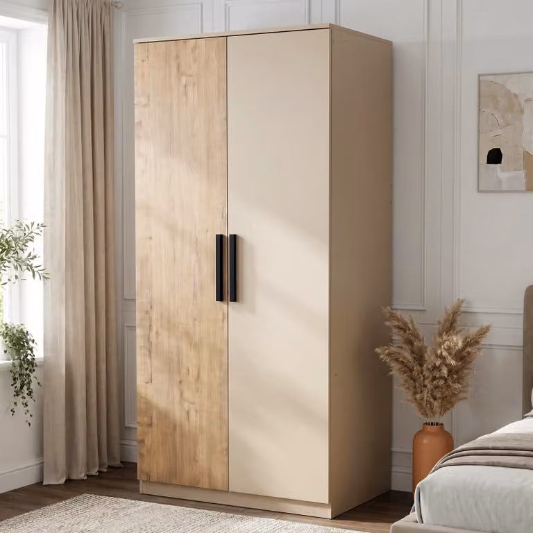 DHS Blythe 2 Door Wardrobe with Internal Shelves and Hanging Rail in Oak and Beige