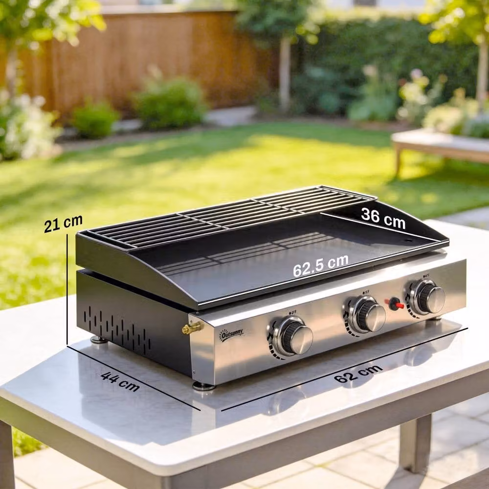 OUTSUNNY 3 Burner Tabletop Gas BBQ Grill Griddle with Warming Rack, Black – 3