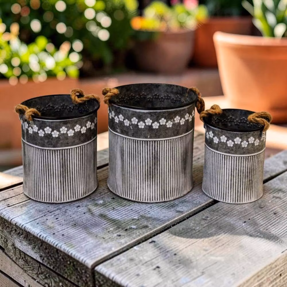 Four Candle Set of 3 Grey Galvanised Steel Ribbed Zinc Flower Planters and Decorative Pots – 2