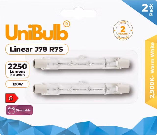 UniBulb Halogen R7S Linear Dimmable Warm White Bulb, 120W, 2250lm, 2900K