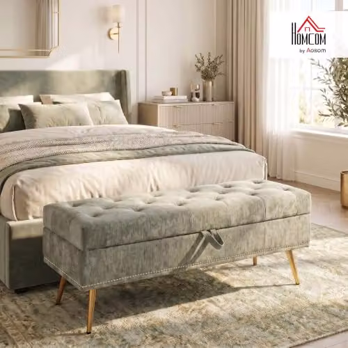 HOMCOM Chenille Upholstered Storage Ottoman in Green, W: 114 cm, D: 41 cm, H: 45 cm – 2