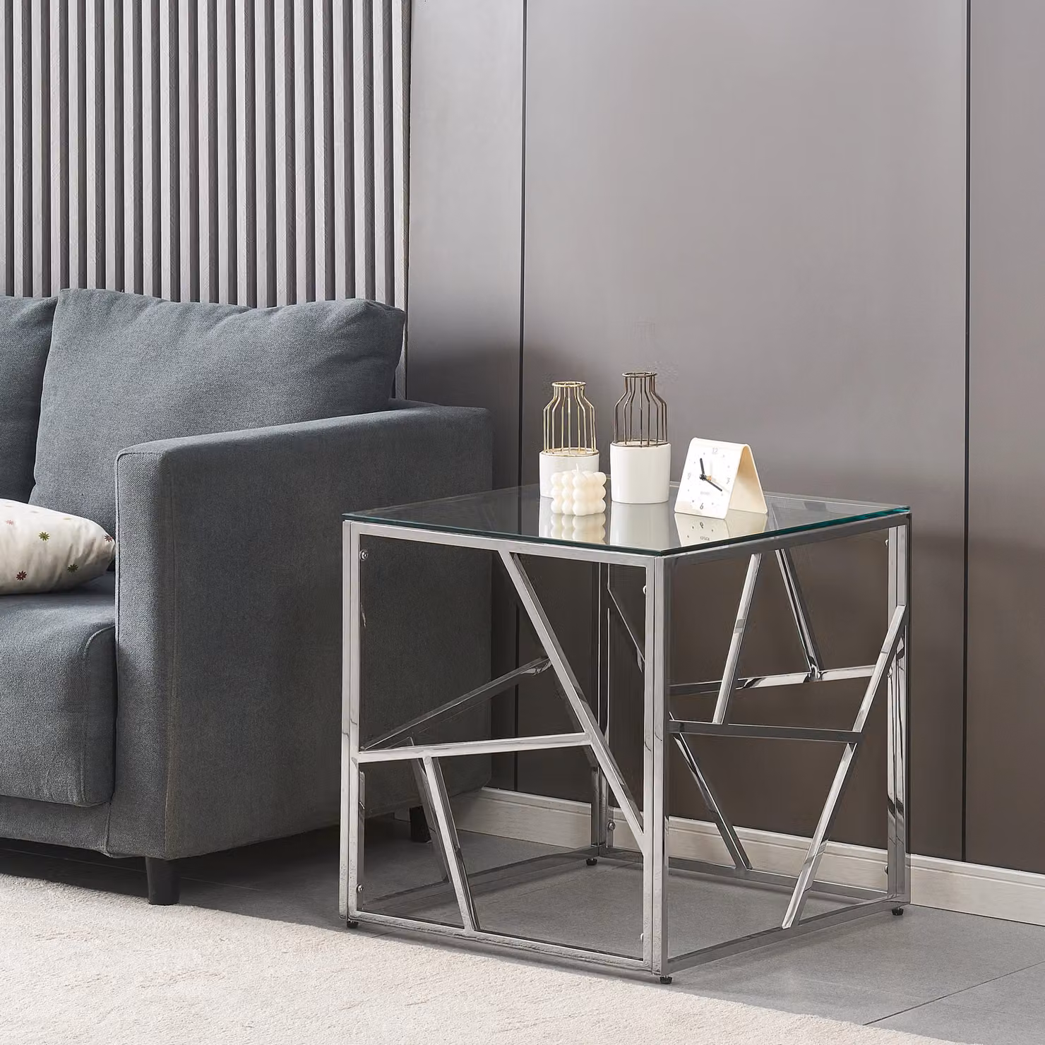 Comfy Living Ltd Silver Metal and Glass Square End or Side Table – 4