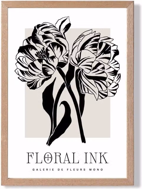ARTZE Camelias Black and Beige Floral Ink Sketch Framed Print with Oak Frame, Size: A3