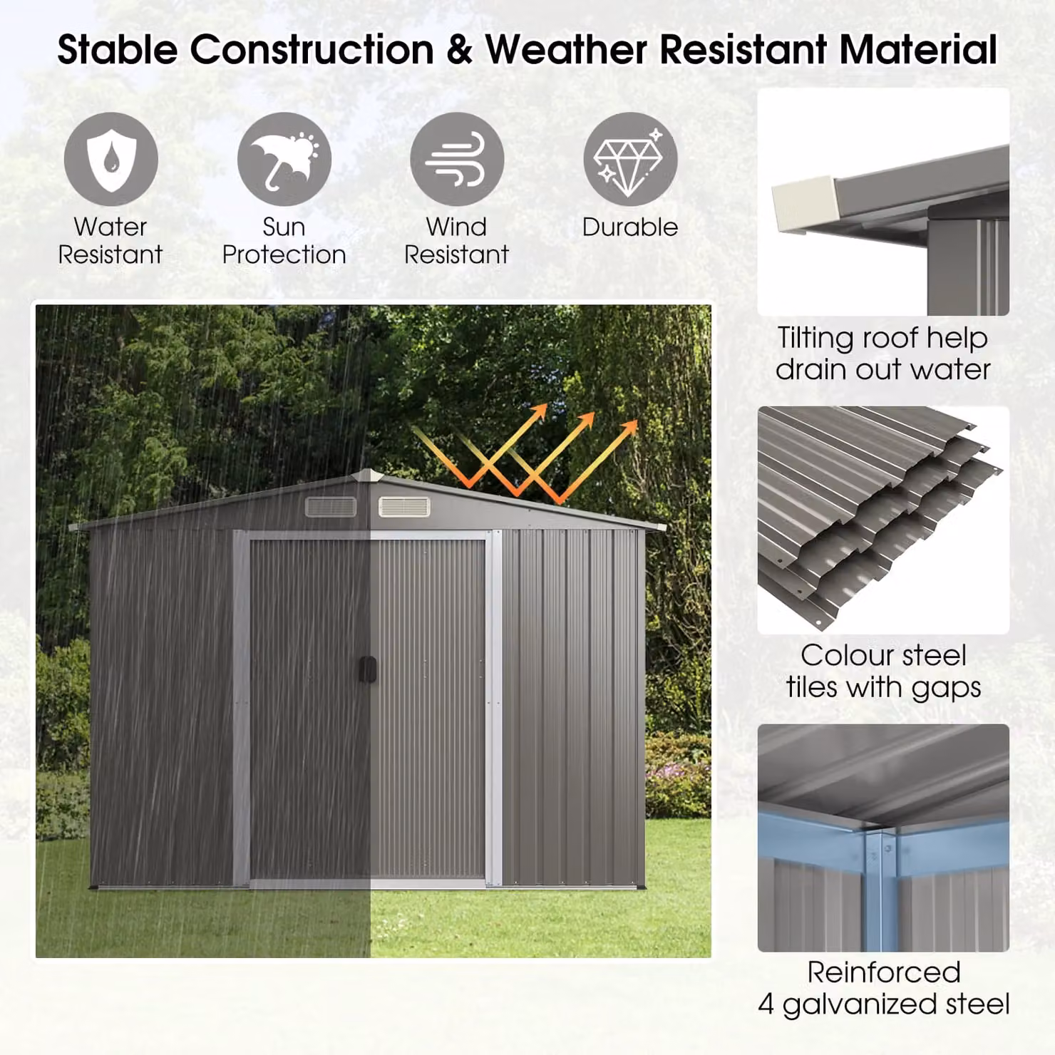 Gymax Weather-resistant Galvanised Steel Outdoor Storage Shed with Sliding Doors, Light Grey, W: 243.84 cm, D: 182.88 cm, H: 182.88 cm – 3