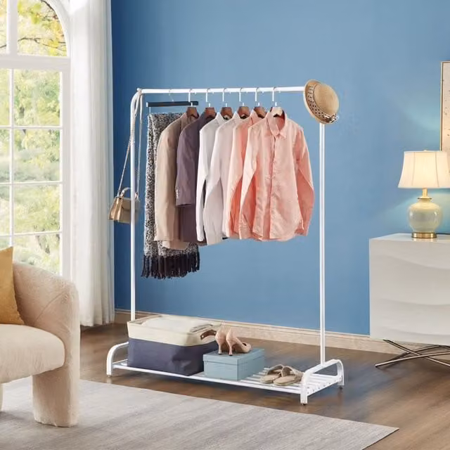House of Home White Metal Clothes Rail and Shoe Storage Shelf with Adjustable Feet, W/D/H: 120 x 45 x 160 cm – 1