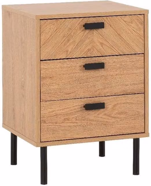 FORGEVIO Retro Herringbone Oak 3 Drawer Bedside Table in Beige – 1
