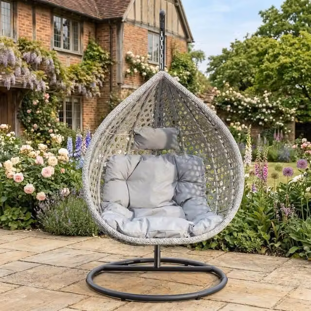 Rosewood & Stone Home Saltram Single Egg Chair in Light Grey with Rattan and Metal Frame – 1