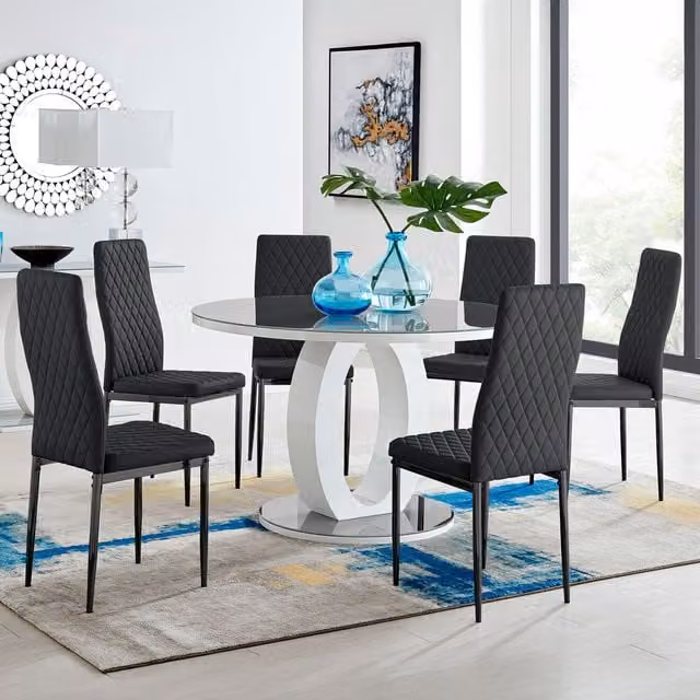 FurnitureboxUK Giovani Round Grey Glass Dining Table with 6 Milan Black Leg Chairs, Diameter: 120 cm