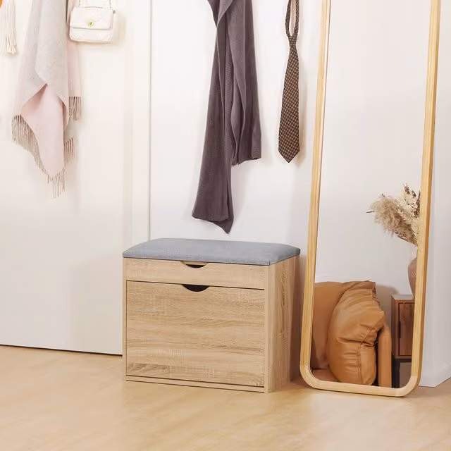 HOMCOM Upholstered Shoe Storage Bench with Cabinet in Natural Wood Effect