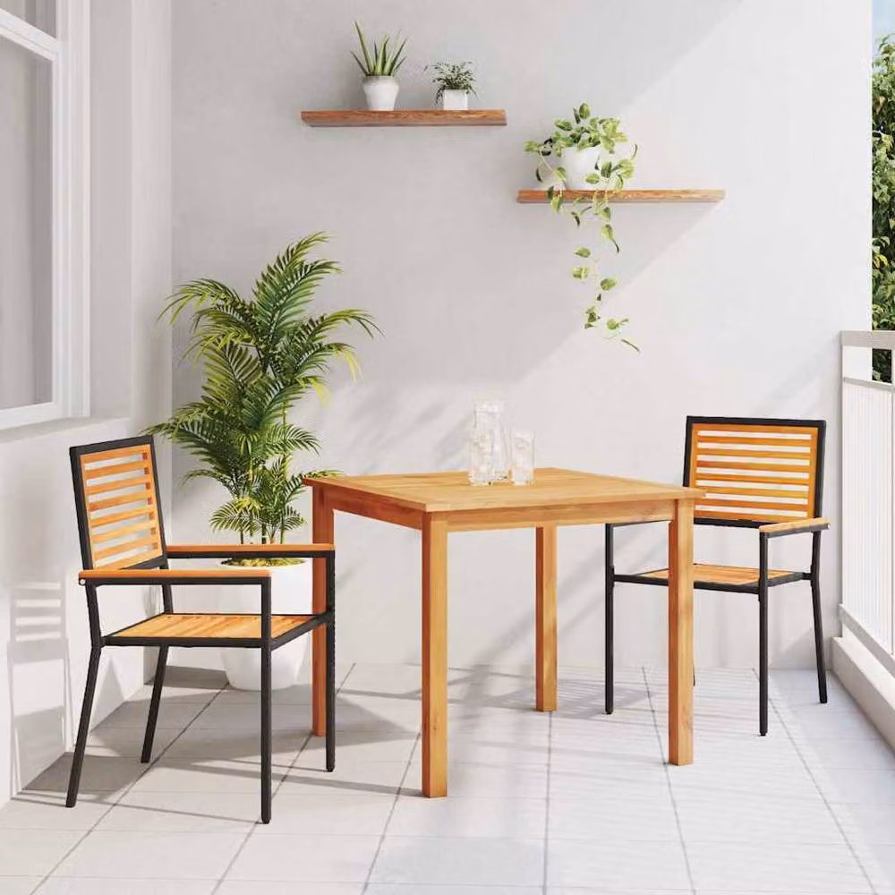 Berkfield Home Modern 3 Piece Garden Dining Set in Black Poly Rattan and Acacia Wood – 2